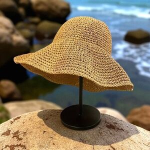 Khaki Woven Wide Brim Sun Hat Adjustable Foldable Travel-Friendly Beach Vacay